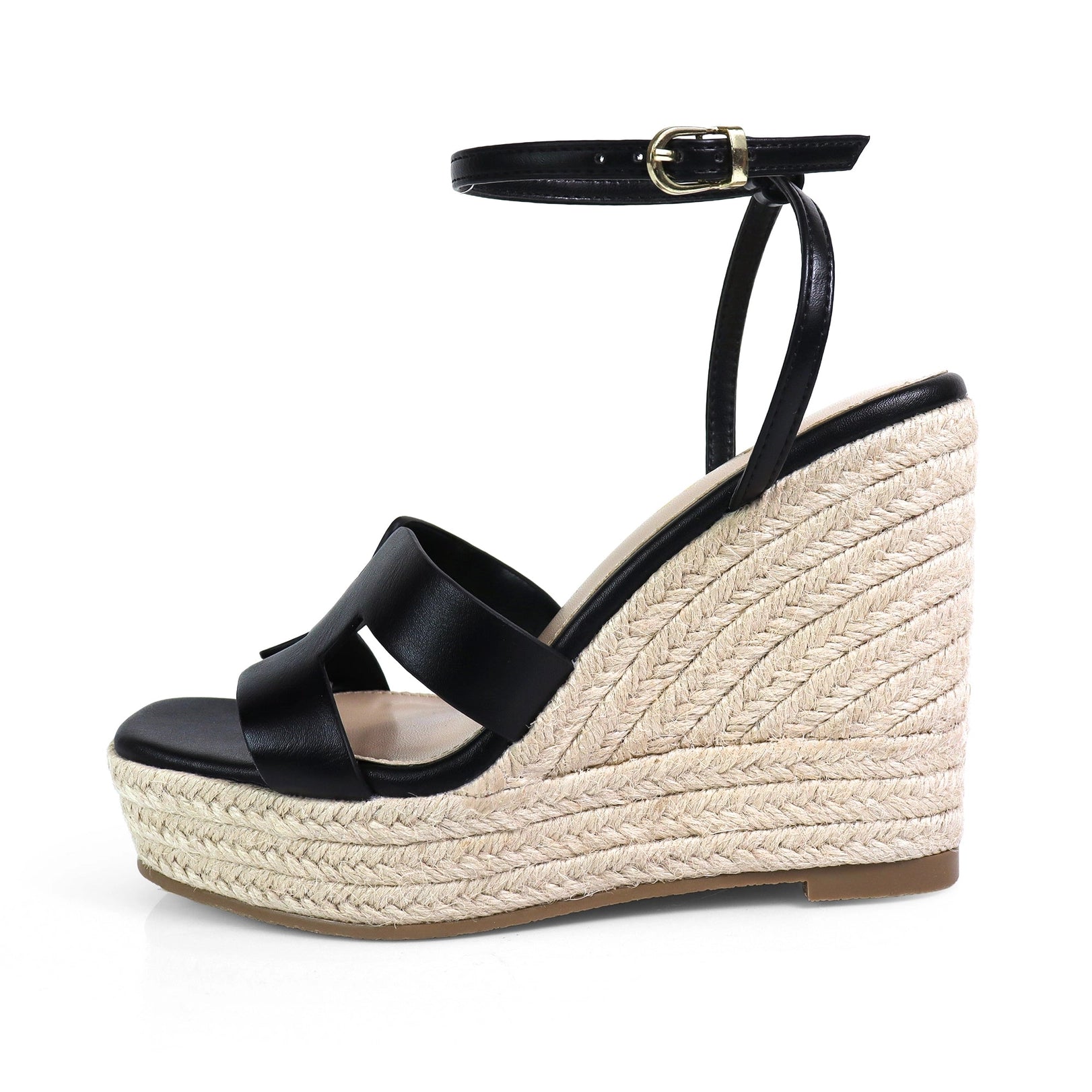 Leah Cutout Strap Espadrille Platform Wedge Sandals Black