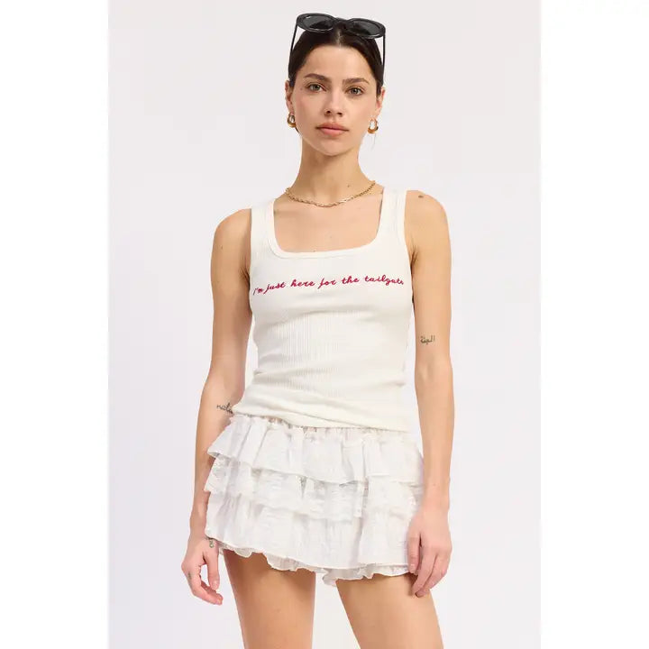 White Ribbed Tank with Red Script Graphic