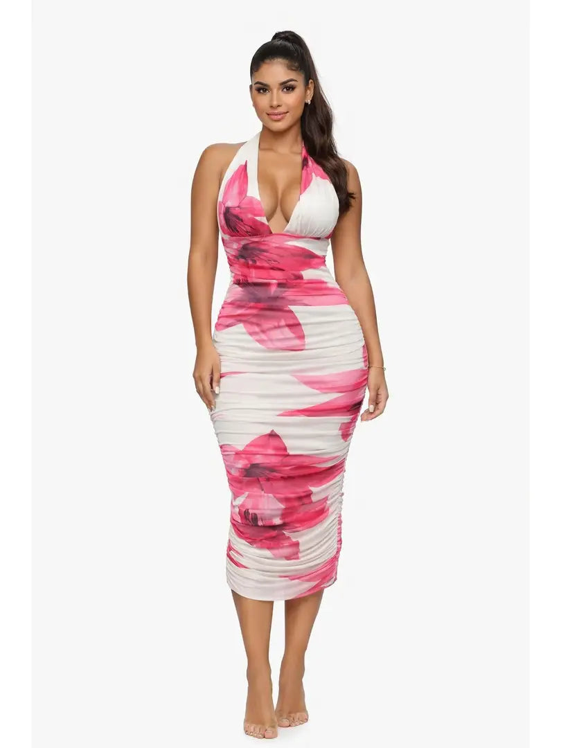 Floral Halter Neck Ruched Midi Bodycon Dress