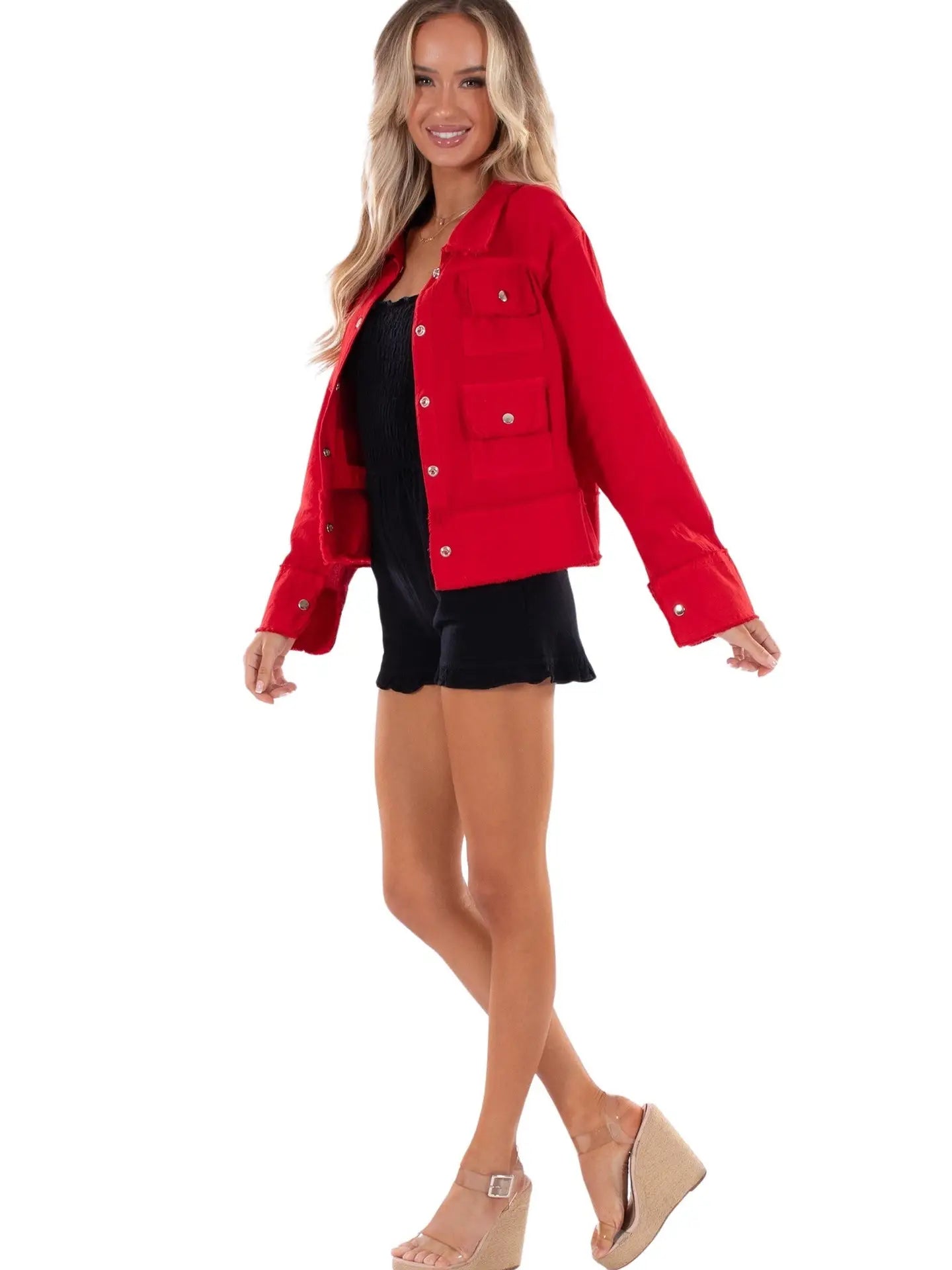 Red Cropped Utility Jacket with Button Front and Pocket Detail