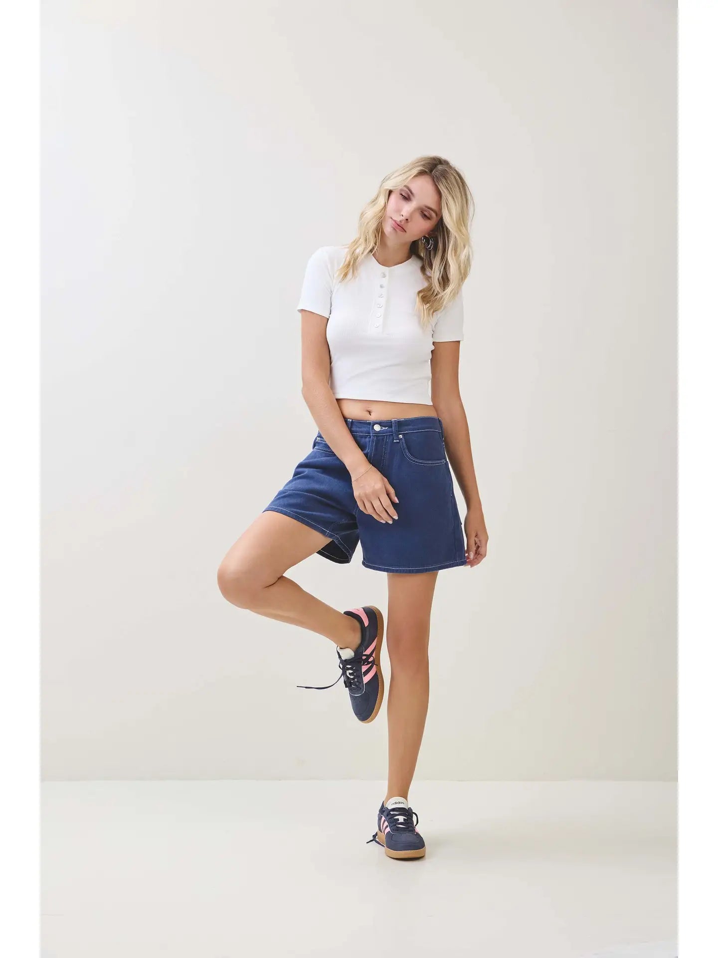 White Ribbed Button Front Cropped Tee