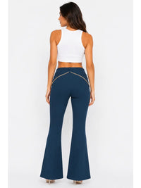 High Waist Blue Flare Pants with Gold Chain Detail