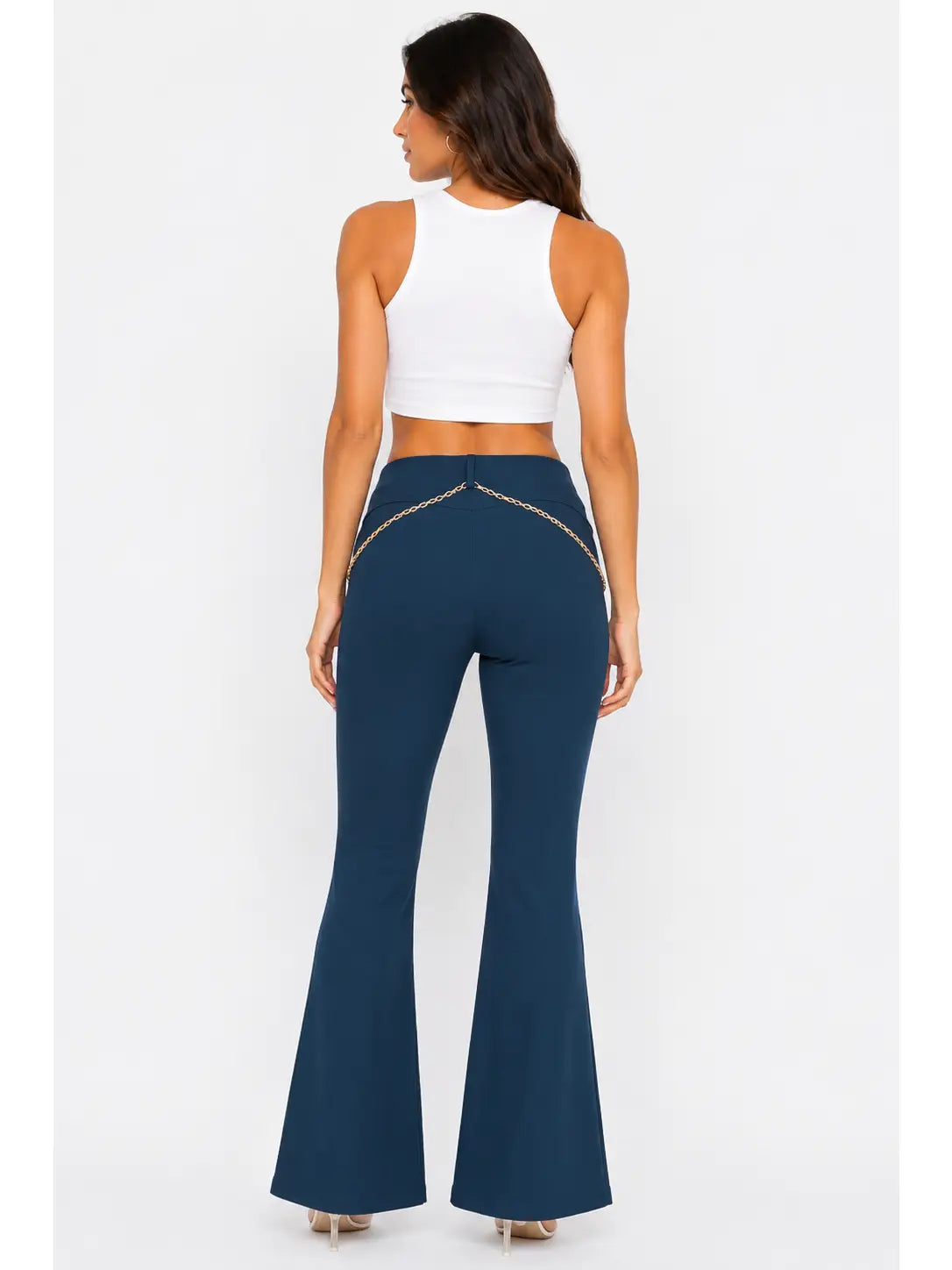 High Waist Blue Flare Pants with Gold Chain Detail