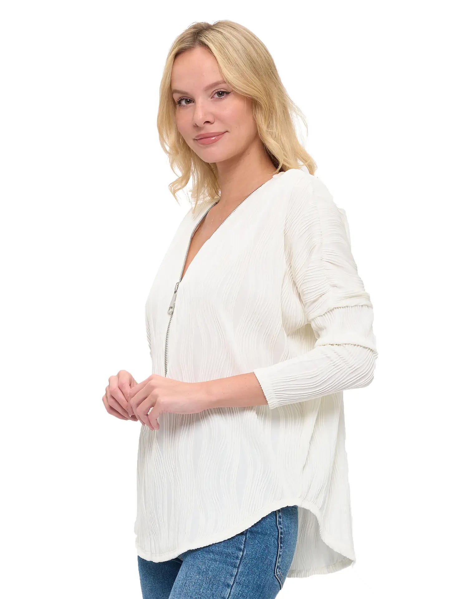 White Textured Zip Front Long Sleeve Blouse Top