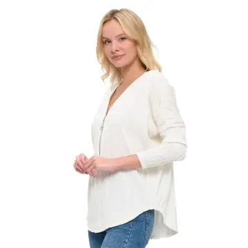 White Zip Neck Relaxed Fit Everyday Blouse