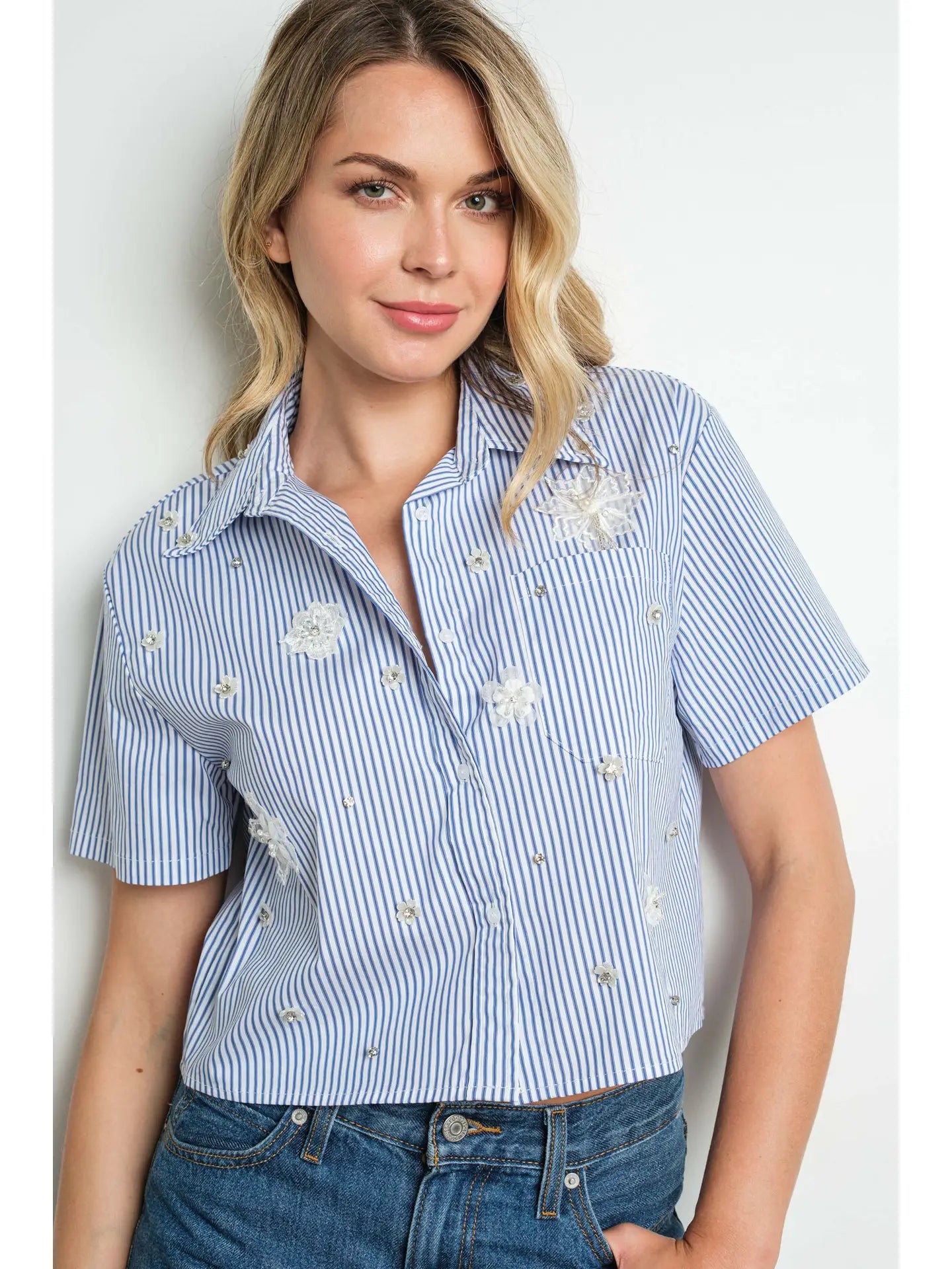 Blue Stripe Embellished Floral Applique Cropped Button Down Shirt