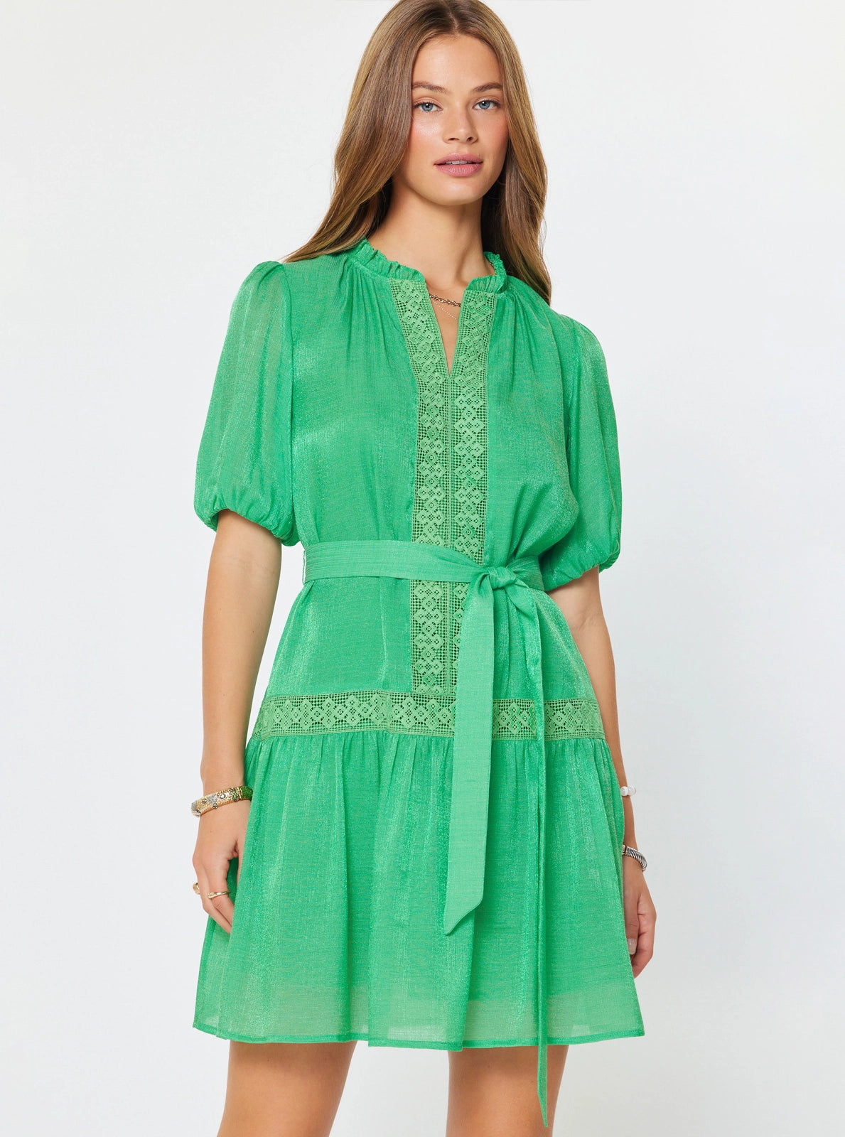 Emerald Green Lace Trim Tie Waist Mini Dress with Puff Sleeves