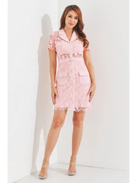 Blush Pink Lace Belted Shirt Dress with Pocket Detail
