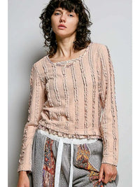 Textured Long Sleeve Knit Top with Lace Trim and Ruffle Hem