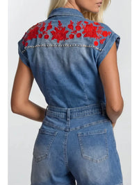 Floral Embroidered Studded Belted Denim Romper
