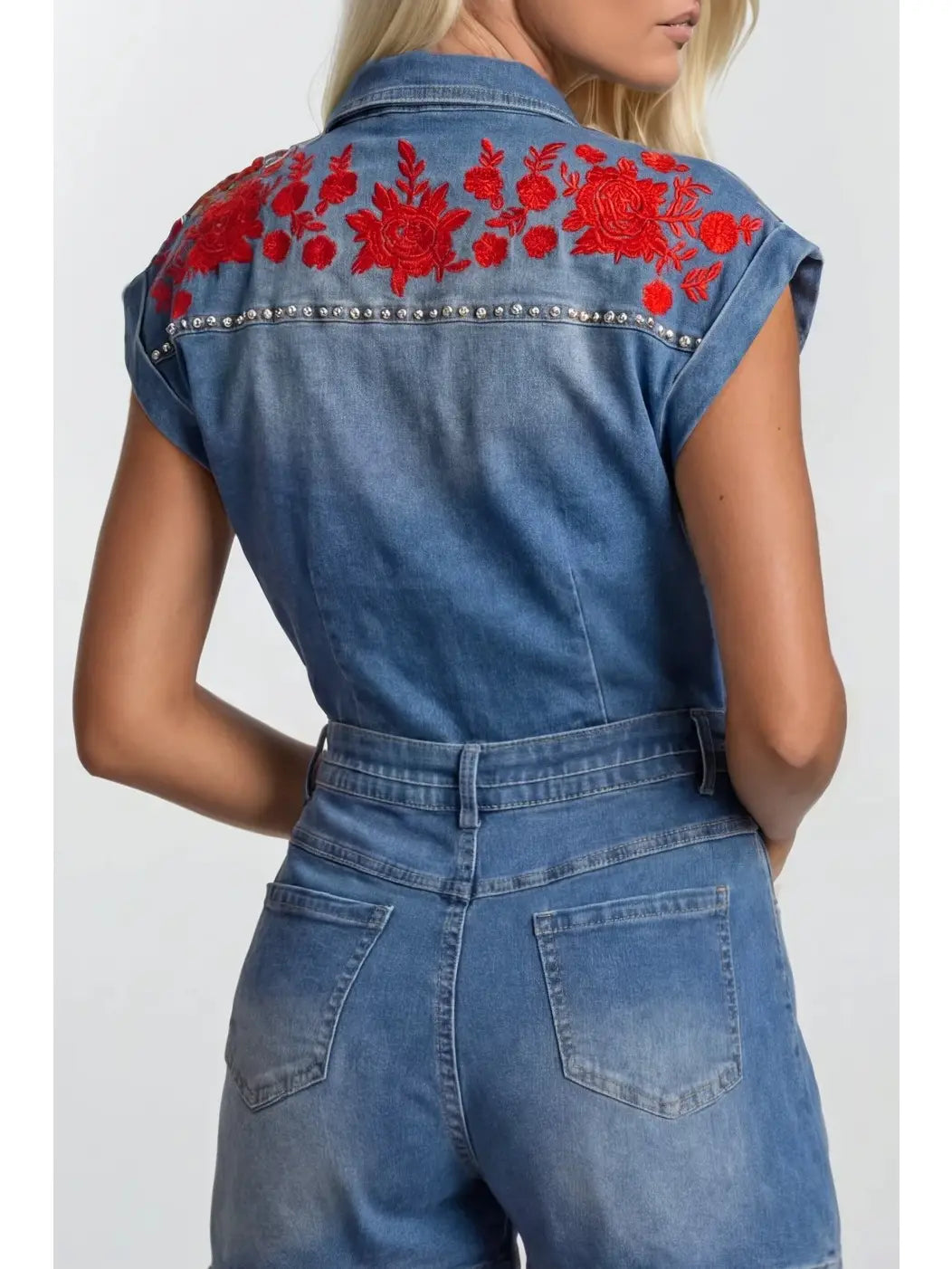 Floral Embroidered Studded Belted Denim Romper