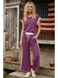 Red and Blue Striped Lounge Set with Wide-Leg Pants