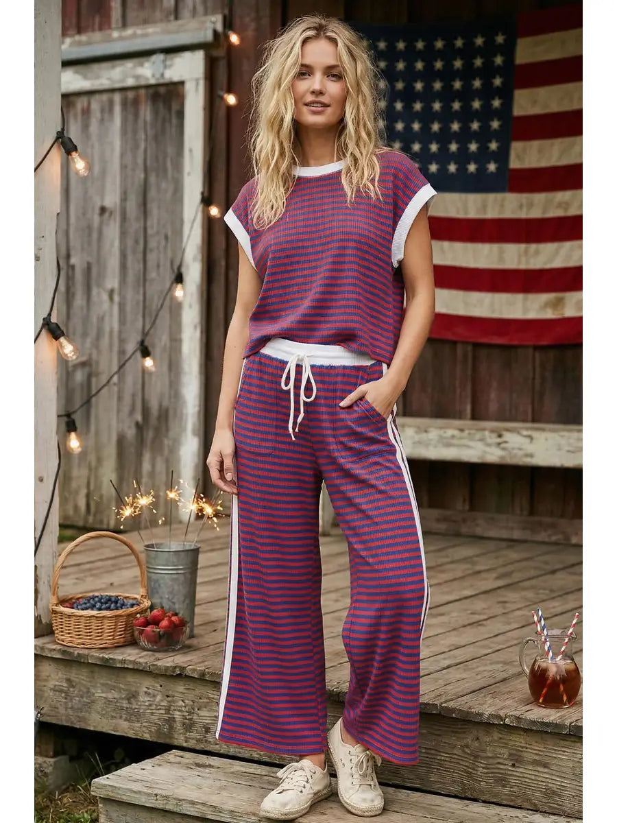 Red and Blue Striped Lounge Set with Wide-Leg Pants