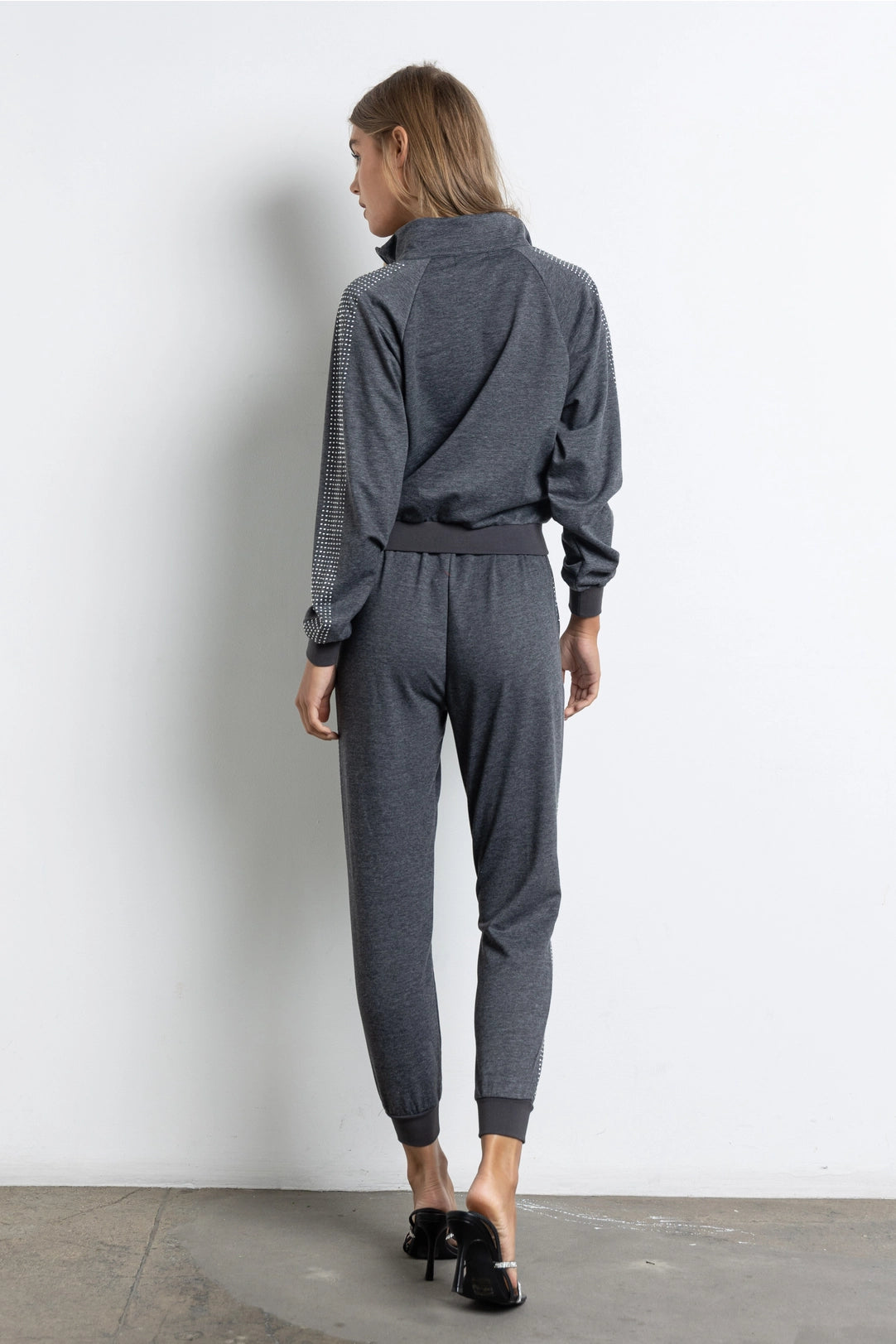Charcoal Rhinestone Stripe Zip-Up Jacket & Jogger Set