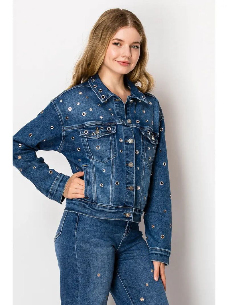 Eyelet Embellished Classic Denim Jacket