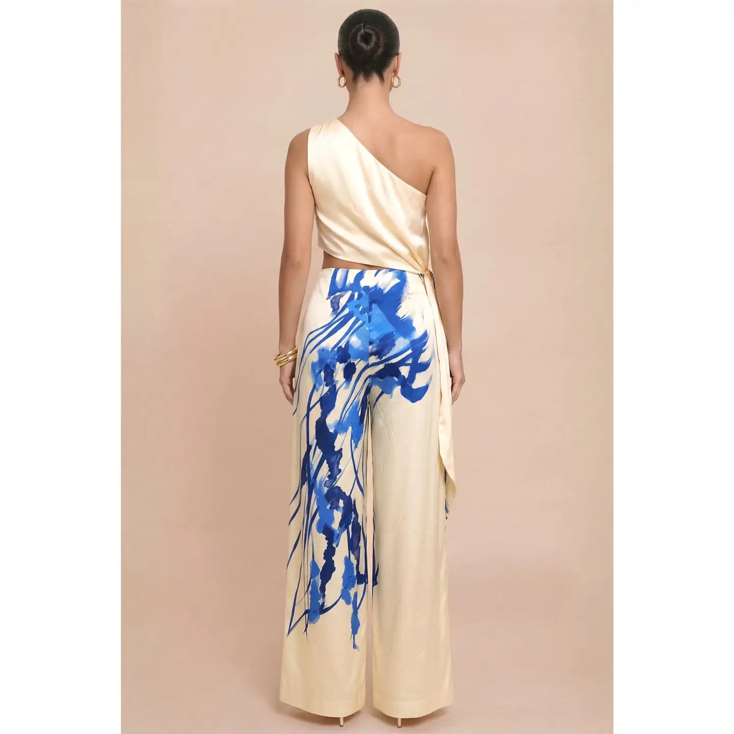 One Shoulder Abstract Blue Print Two Piece Wide Leg Set