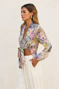 Tropical Lilac & Green Tie-Front Sheer Blouse