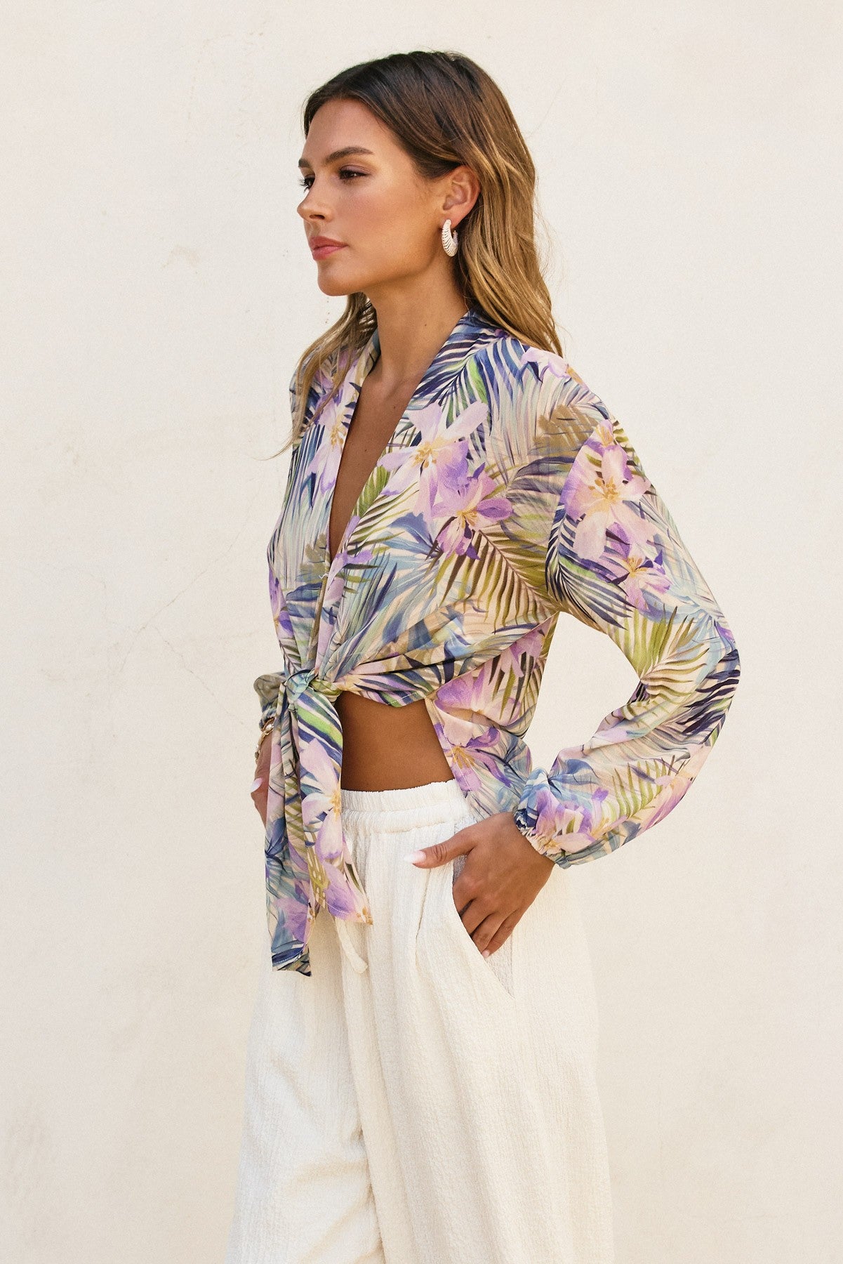 Tropical Lilac & Green Tie-Front Sheer Blouse