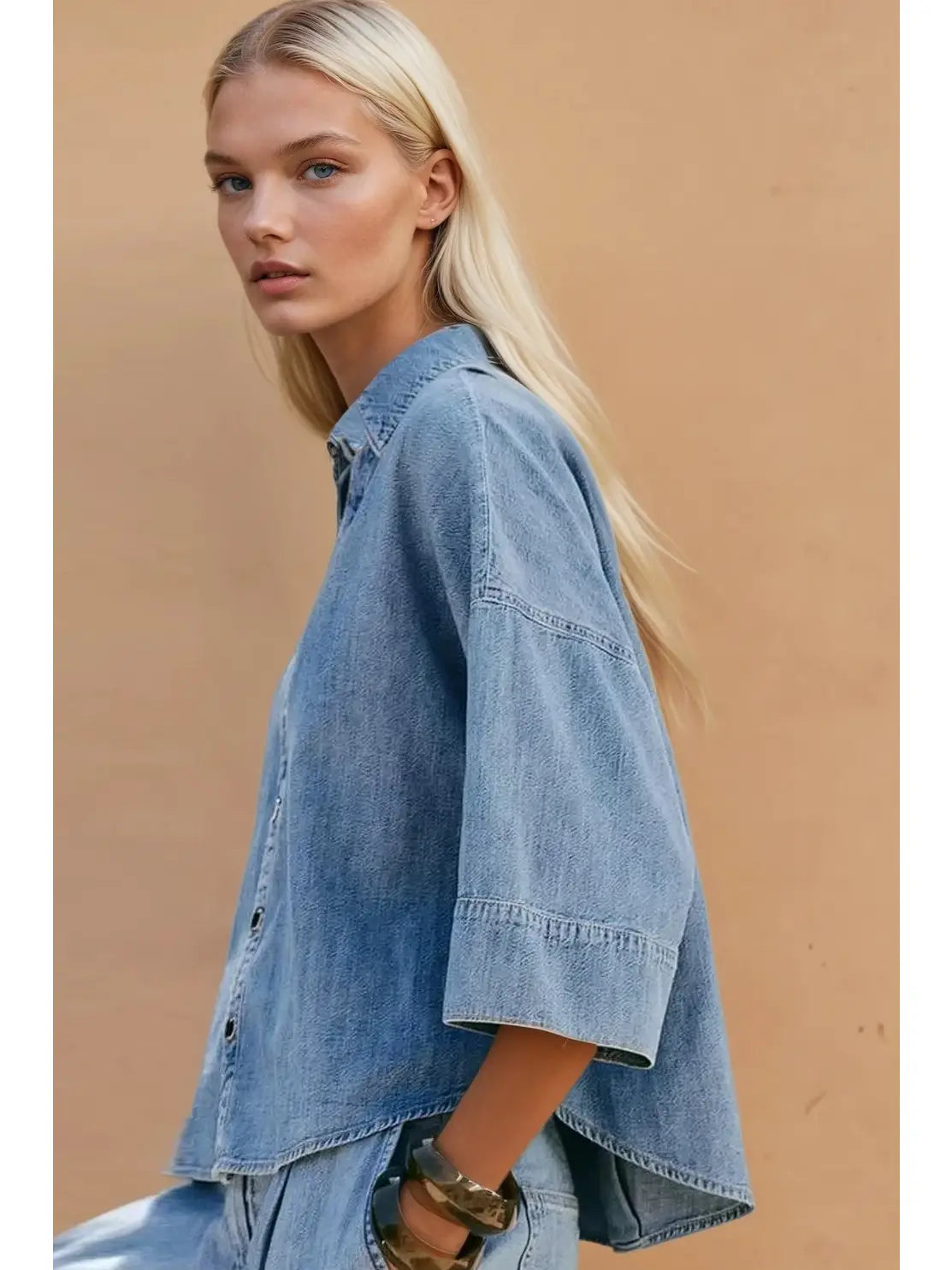 Light Wash Denim Cropped Button Front Shirt