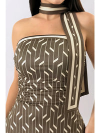 Olive Green Geometric Strapless Scarf Detail Wide Leg Jumpsuit