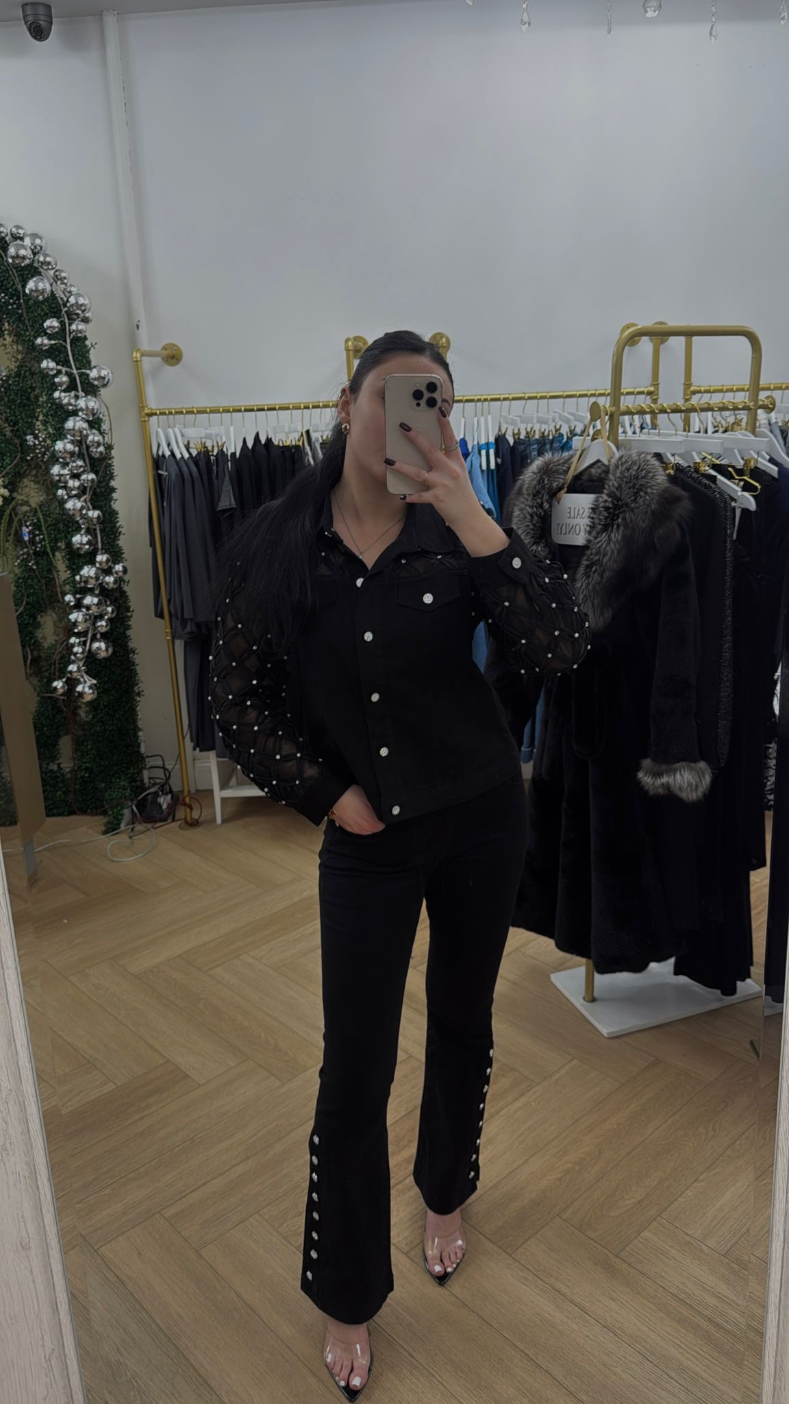 Black Denim Jacket with Sheer Pearl-Embellished Sleeves