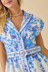 Blue Floral Belted Button-Front Mini Dress