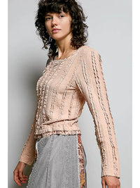 Textured Long Sleeve Knit Top with Lace Trim and Ruffle Hem