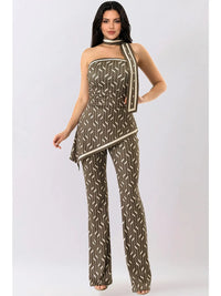 Olive Green Geometric Strapless Scarf Detail Wide Leg Jumpsuit