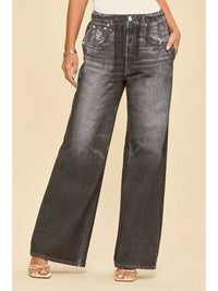 High Rise Elastic Waist Wide Leg Jeans in Charcoal Wash