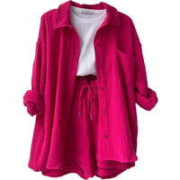 Relaxed Button-Up Shirt and Drawstring Shorts Two-Piece Set