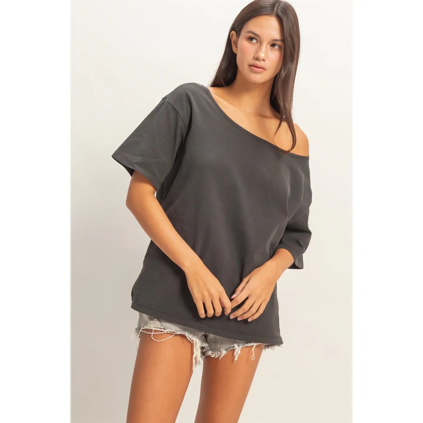 Black Oversized Off-Shoulder Relaxed Tee