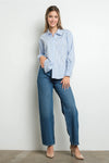 Blue Striped Button Down Shirt with Pearl Embellishments