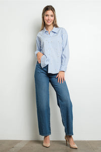 Blue Striped Button Down Shirt with Pearl Embellishments