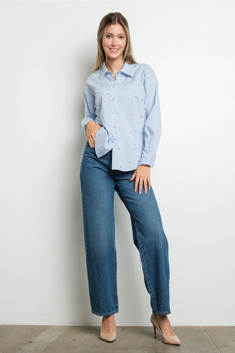 Blue Striped Button Down Shirt with Pearl Embellishments