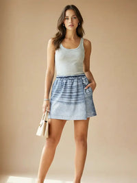 Elastic Waist Washed Denim Mini Skort with Pockets