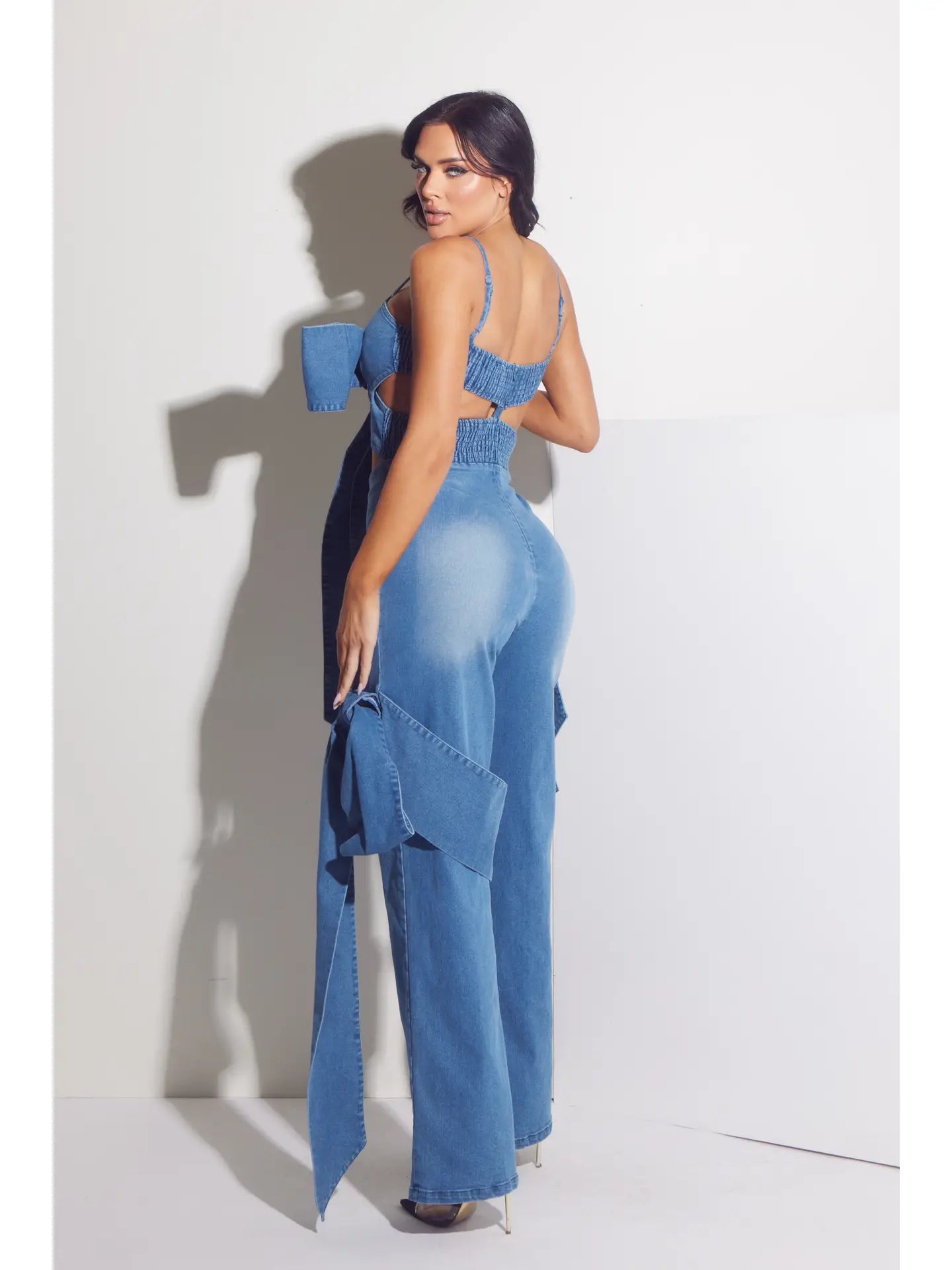 Denim Wide Leg Jumpsuit with Oversized Bow Detail