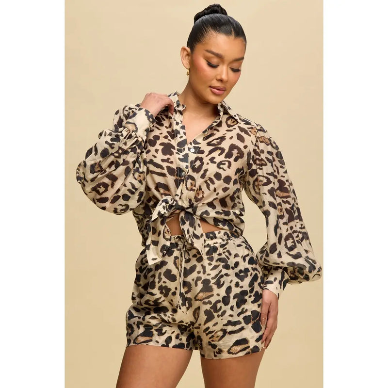 Leopard Print Button-Up Shirt and Shorts Set