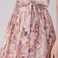 Floral Organza Midi Dress with Spaghetti Straps and Waist Tie