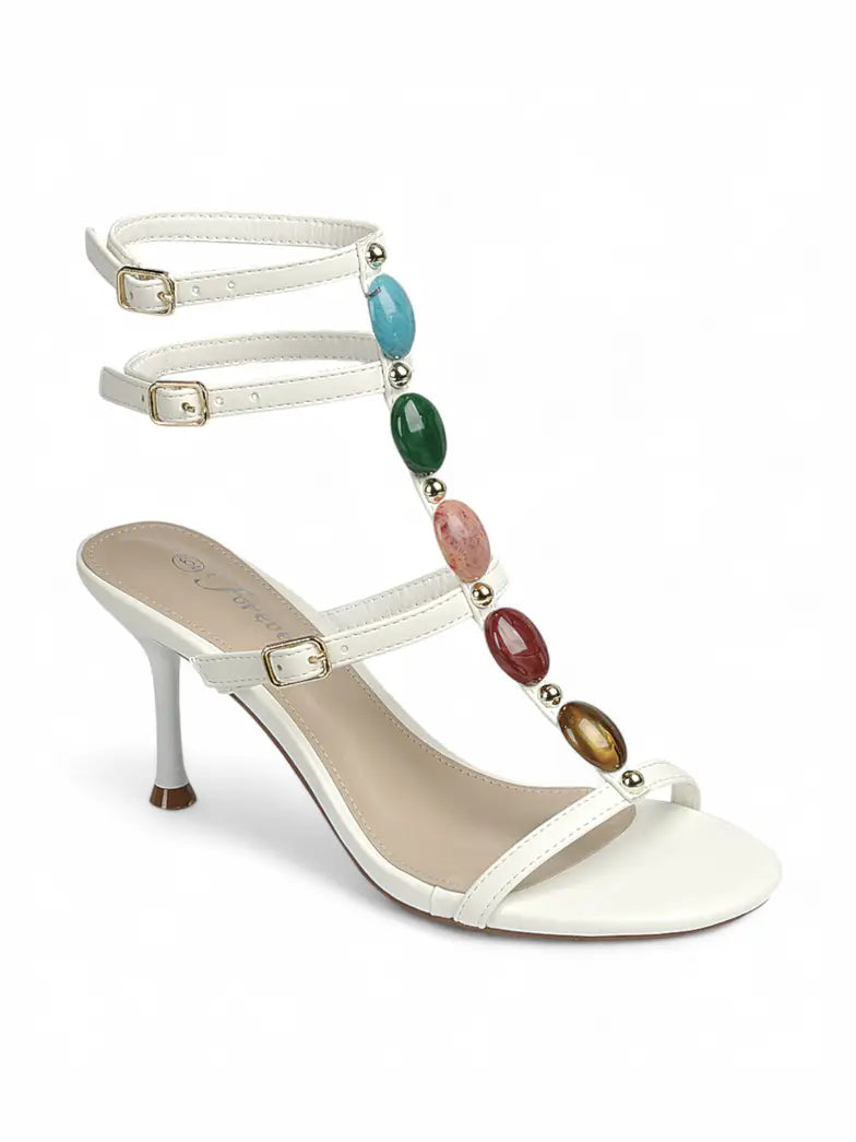 White Multicolor Gemstone T-Strap Heeled Sandals