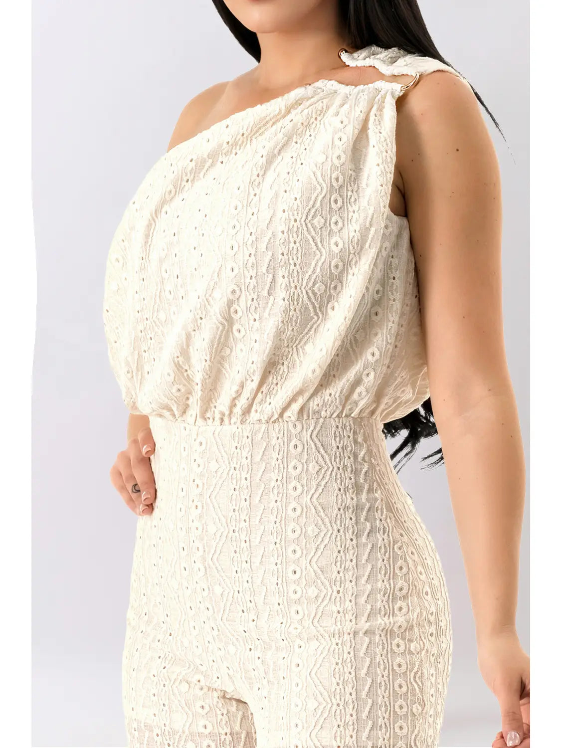 Ivory One-Shoulder Eyelet Lace Wide Leg Jumpsuit