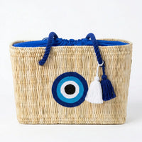 Evil Eye Straw Tote Bag with Drawstring Lining and Tassel Detail
