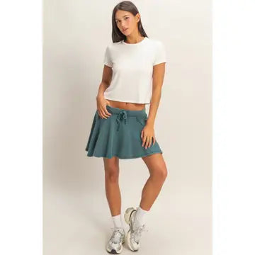 Green Washed Flowy Lounge Skort with Drawstring Waist
