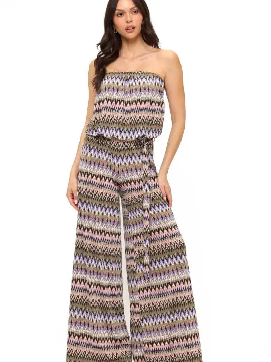 Green Multi Zigzag Print Strapless Wide Leg Jumpsuit with Belt