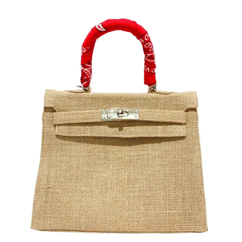 Bandana Handle Jute Satchel Bag with Crossbody Strap