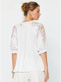 Ivory Floral Sleeve Ruffle Neck Blouse