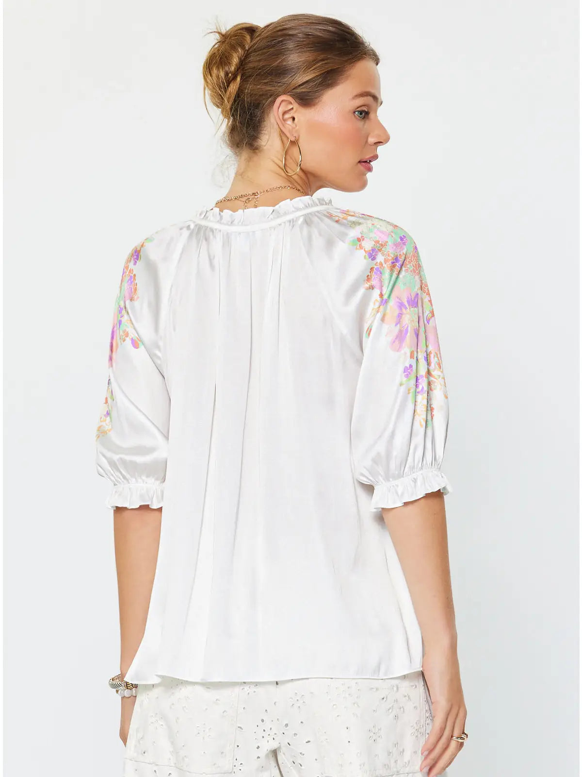 Ivory Floral Sleeve Ruffle Neck Blouse