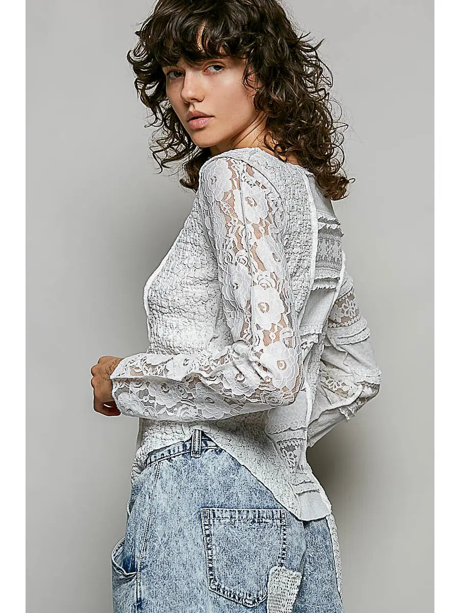 White Lace Texture Knit Slim Fit Top