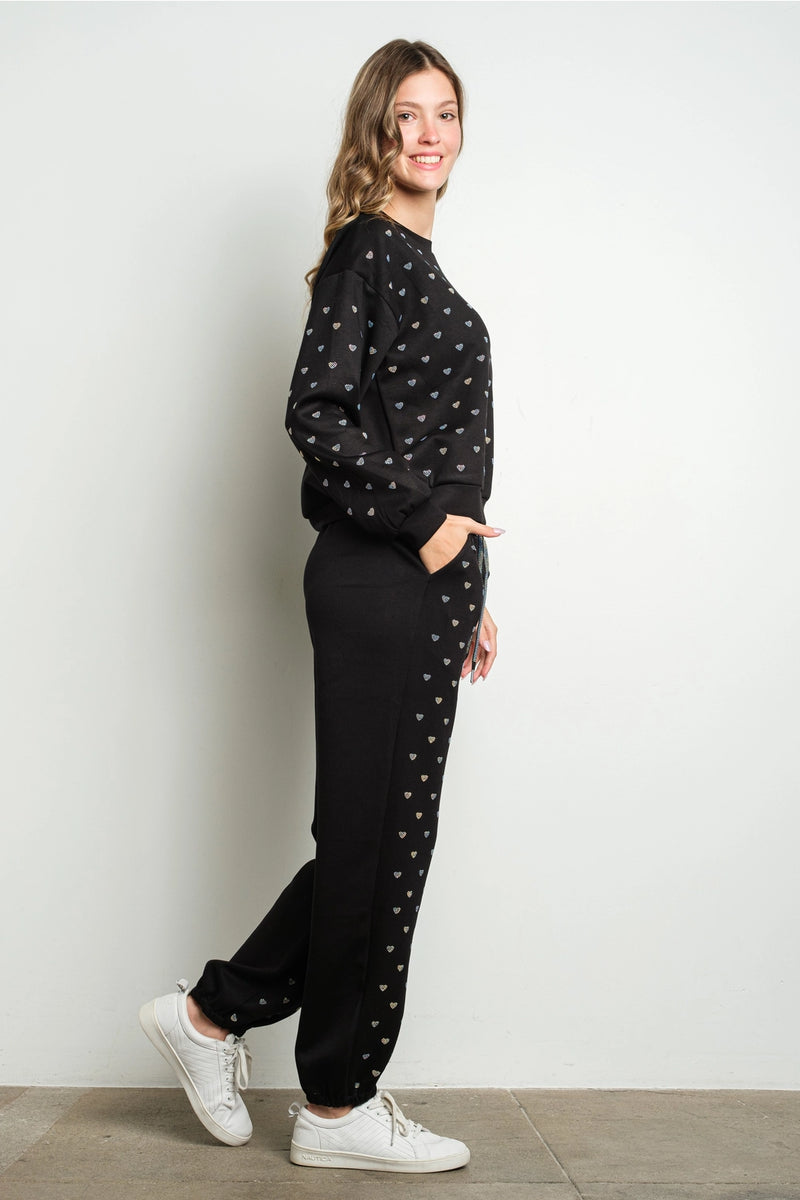 Crystal Heart Embellished Black Sweatshirt