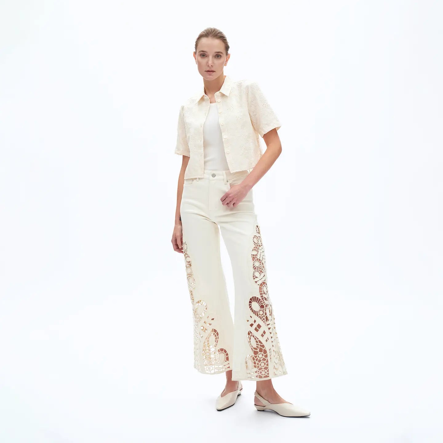 Ivory Lace Insert Flare Jeans