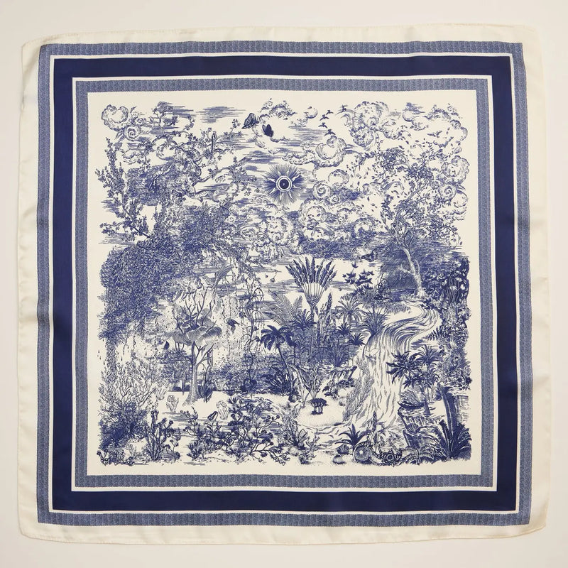 Blue and White Toile Print Silk Bandana Scarf